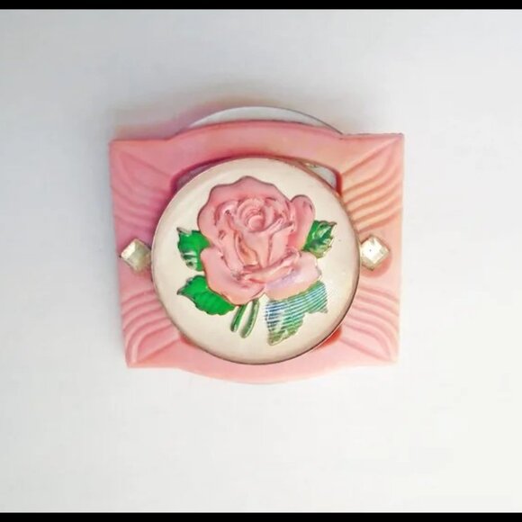 Pink Rose Brooch With Vintage Goofus Glass Retro Romantic - Picture 2 of 12